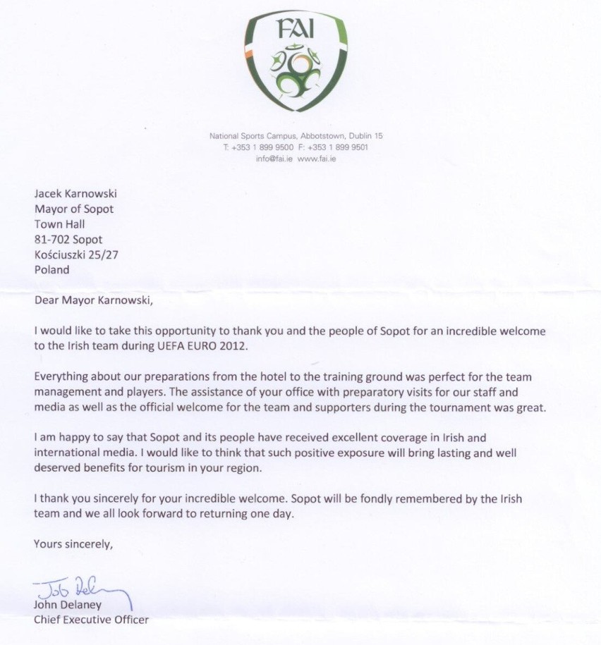 Irlandia dziękuje Sopotowi. John Delaney przysłał list do prezydenta miasta