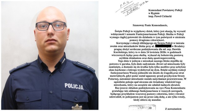 Mieszkaniec Brodnicy w liście podziękował mł. asp. Dawidowi Kucińskiemu (na zdjęciu) za uratowanie życie