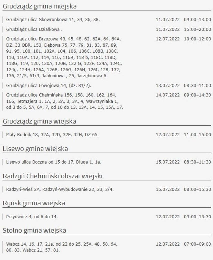 Tu nie będzie prądu w Kujawsko-Pomorskiem [miasta, gminy - 12.07.2022]