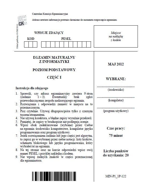 Matura 2012: informatyka - poziom podstawowy. Cz. I [ARKUSZE]