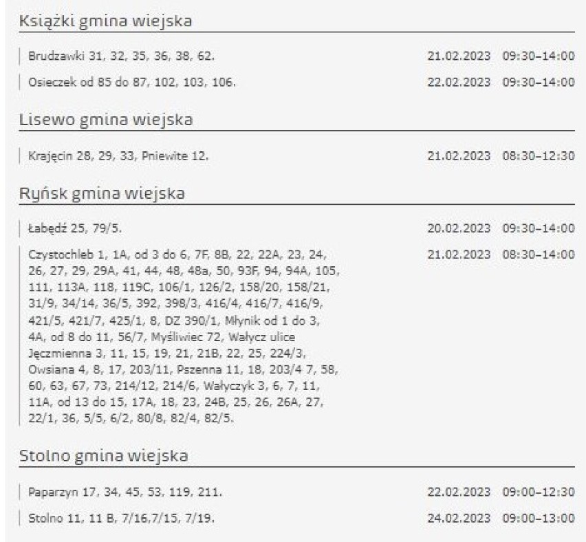 Tu nie będzie prądu w Kujawsko-Pomorskiem [miasta, gminy - 24.02.2023]