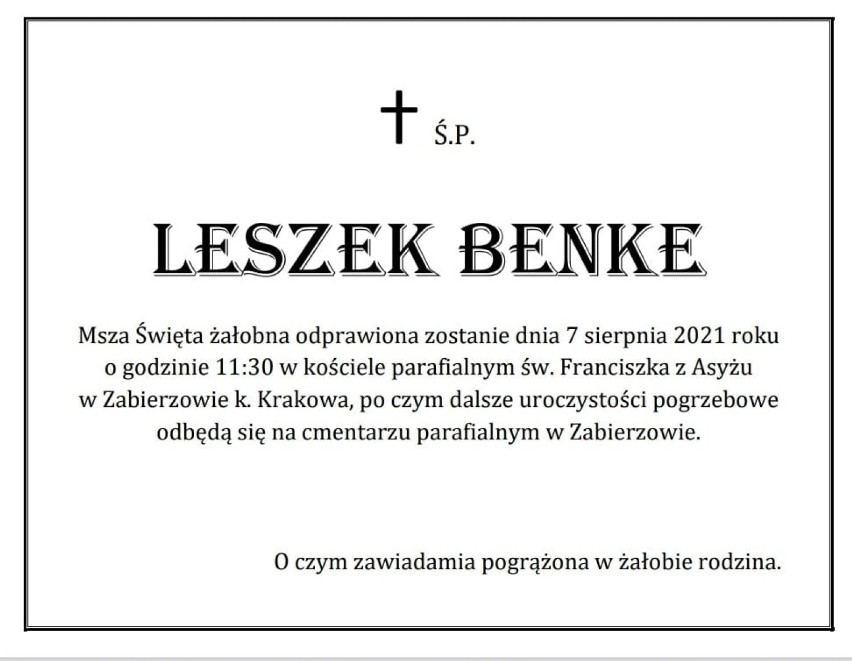 Pogrzeb Leszka Benke 7 sierpnia. Aktor zostanie pochowany na cmentarzu w Zabierzowie koło Krakowa