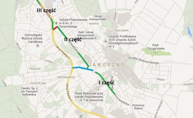 Kolor zielony to odcinki Grunwaldzkiej, niebieski to ulica Kolejowa, czerwony to łącznik między jedną a drugą Grunwaldzką.