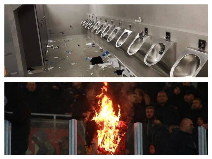 Demolka na stadionie. Kibice Legii spalili flagi i zdemolowali łazienki na stadionie w Białymstoku [ZDJĘCIA]