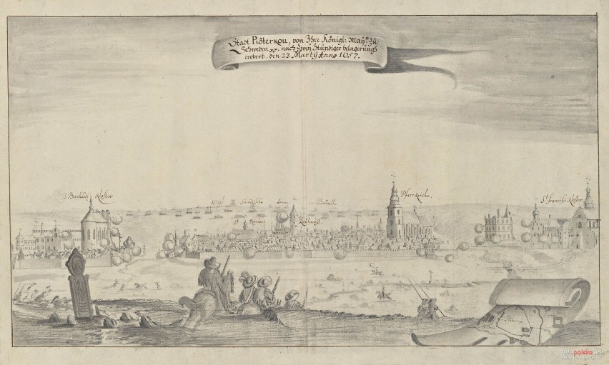 23 marca 1657, oryginalny szkic Piotrkowa Trybunalskiego wykonany przez Erika Dahlbergha w 1657 roku.