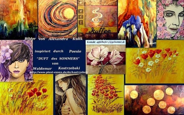 Collage z obrazów Alexandry Kulik, które m.in. będzie można obejrzeć na wieczorze poetyckim.