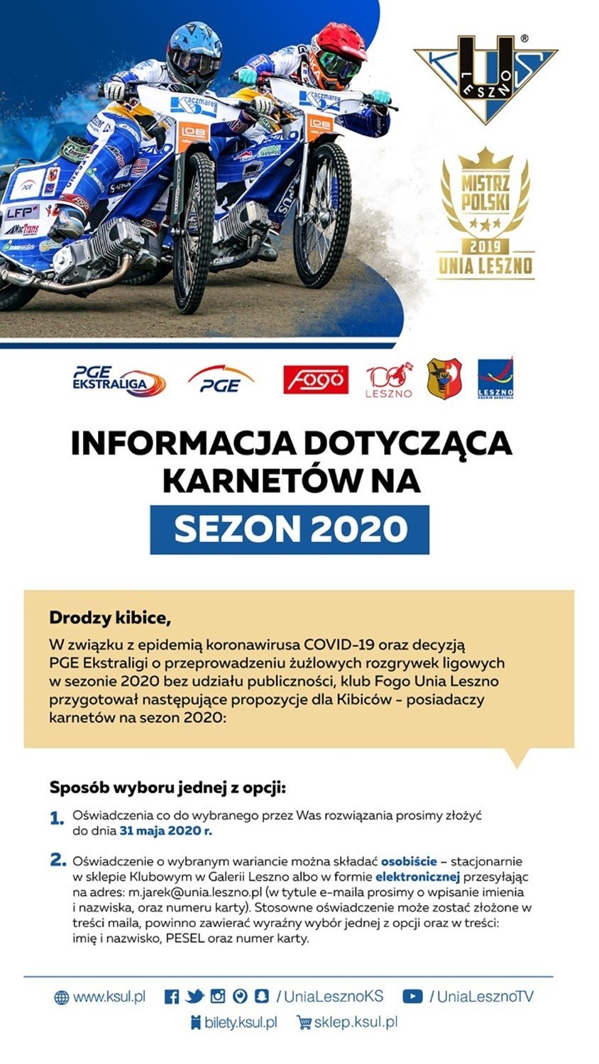 Informacja dotycząca karnetów na sezon 2020