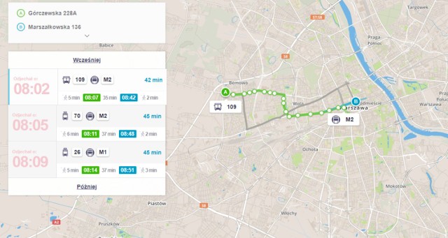 Dojazd z zachodnich krańców Bemowa do centrum miasta komunikacją miejską to około 40-45 minut. 

Dla porównania dojazd samochodem z tego samego miejsca może zająć w godzinach porannego szczytu od 24 do 60 minut. Tym razem wygląda na to, że samochód opłaca się bardziej.