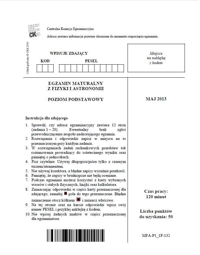 Matura 2013. Fizyka i astronomia - poziom podstawowy [ARKUSZE, ODPOWIEDZI]