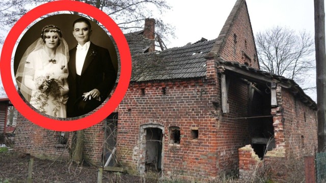 Budynek w Jaśkowicach z zawalonym dachem stoi na skraju wsi. Dom należał do pary małżeńskiej (w kółku), która została bestialsko zamordowana w 1947 roku.