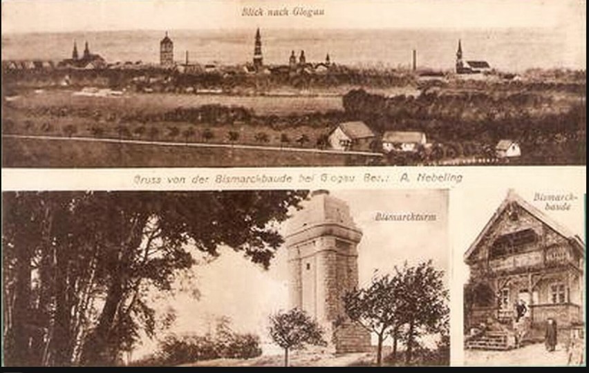 Wieża Bismarcka, Bismarckbaude. Widoki z wieży na Głogów i...