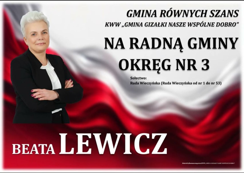 Beata Lewicz, 56 lat, okręg nr 3, „Gmina Gizałki Nasze...
