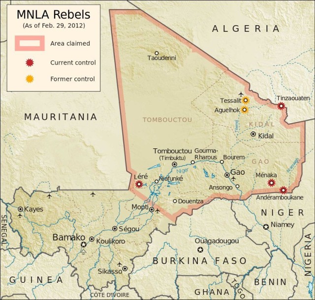 Mapa pokazująca rejon konfliktu (http://commons.wikimedia.org/wiki/File:Azawad_Tuareg_rebellion_2012.svg)