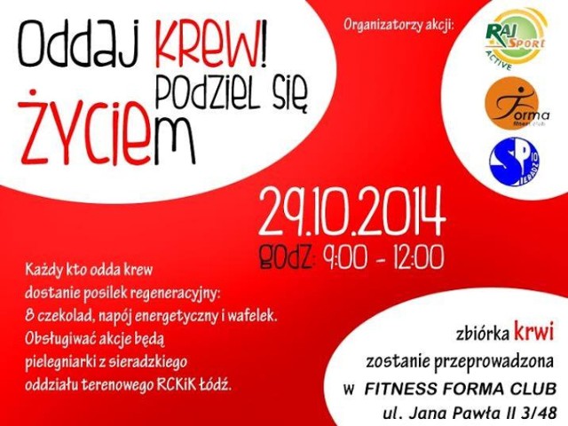 Zbiórka krwi w Sieradzu odbędzie się w środę w Fitness Forma Club