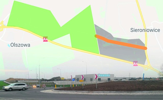 Kolorem zielonym zaznaczono istniejące tereny inwestycyjne w strefie. Natomiast kolorem szarym - tereny, do których dojazd zostanie otwarty po wybudowaniu drogi (kolor pomarańczowy).