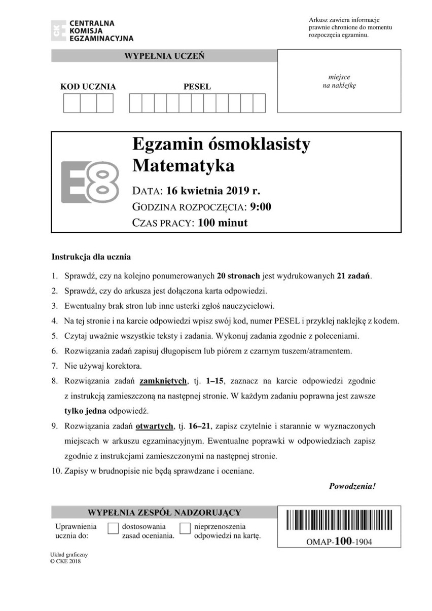 Egzamin ósmoklasisty MATEMATYKA 2019 Odpowiedzi