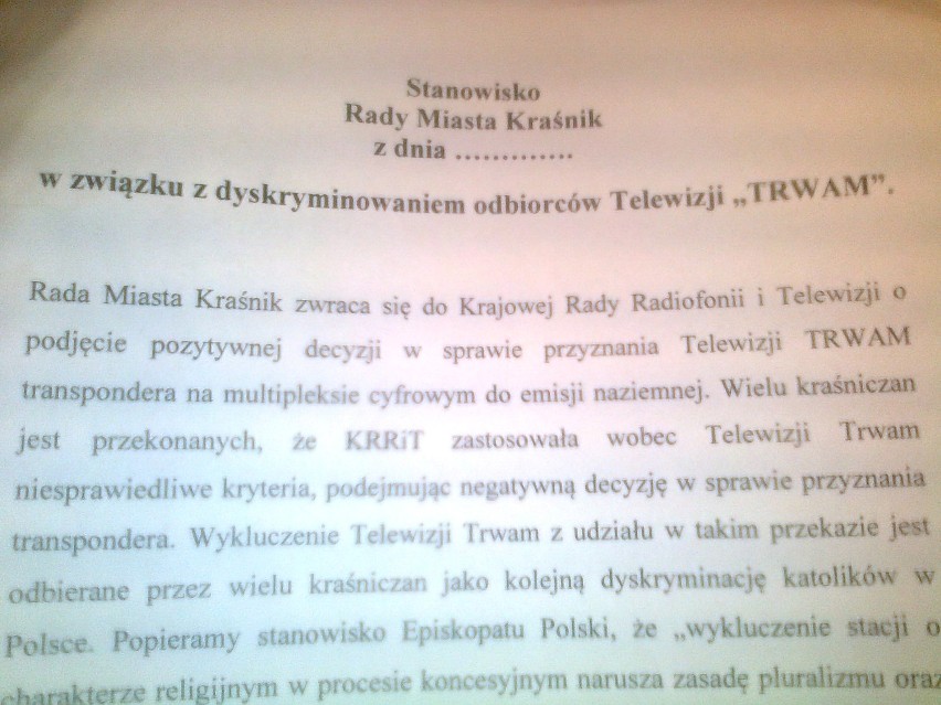 Radni z Kraśnika będą rozmawiać o braku koncesji dla TV TRWAM