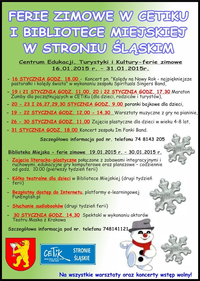 Pełen program Ferii Zimowych w Stroniu Śląskim