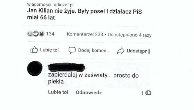 Wpis takiej treści zamieścił kołobrzeski urzędnik pod informacją o śmierci byłego posła PiS