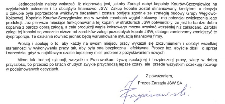 JSW: Prezes Zagórowski napisał list do pracowników!