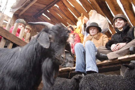 Pastuszkowie Kasia Bartosik i Paulina Stańczyk, a poniżej szopkowe zwierzaki.