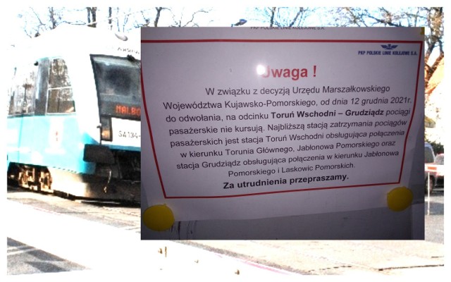 Takie komunikaty już 7 grudnia wywieszono na stacjach kolejowych przy trasie Toruń Wschodni-Grudziądz