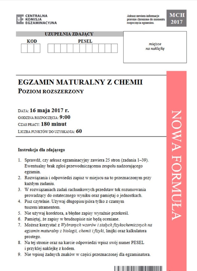 Matura chemia 2017 rozszerzona Odpowiedzi. Pytania na maturze z chemii Arkusz CKE, Zadania