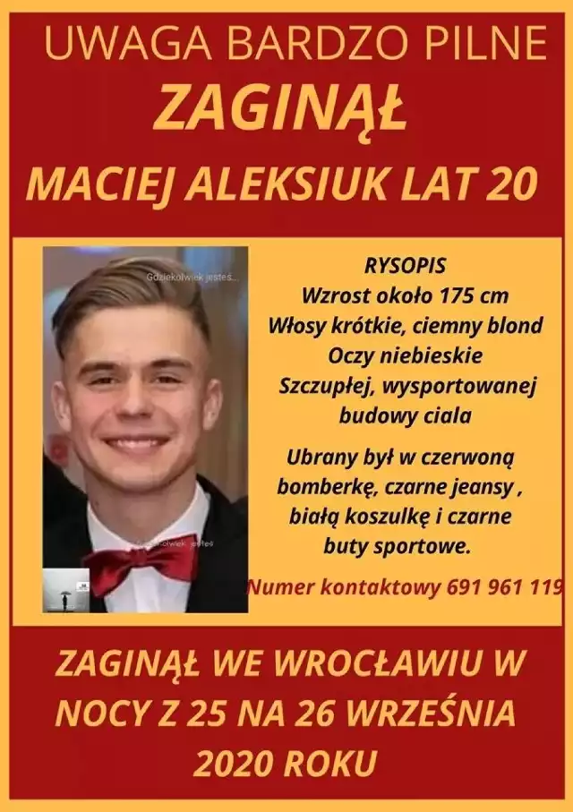 Zaginął Maciej Aleksiuk z Roztoki koło Świdnicy. Ostatni raz widziany był we Wrocławiu