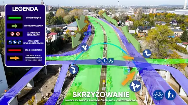 Sprawdźcie na mapach poglądowych z grafikami, jak będzie wyglądać docelowa organizacja ruchu na poszczególnych skrzyżowaniach budowanego na nowo odcinka al. Wojska Polskiego