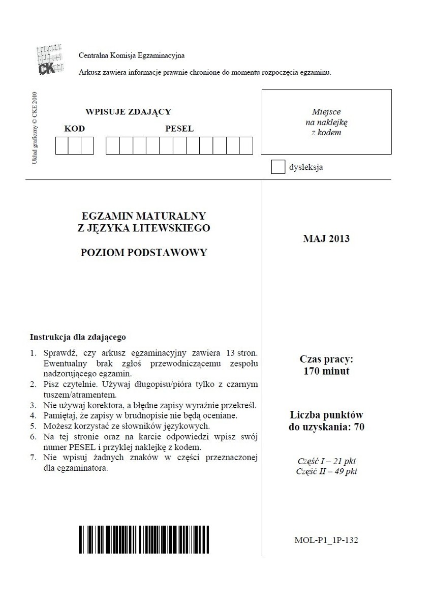 MATURA 2013 z CKE. Język litewski - poziom podstawowy i rozszerzony [ARKUSZE, TEMATY]