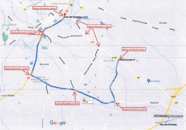 Mapa z wyznaczonym objazdem