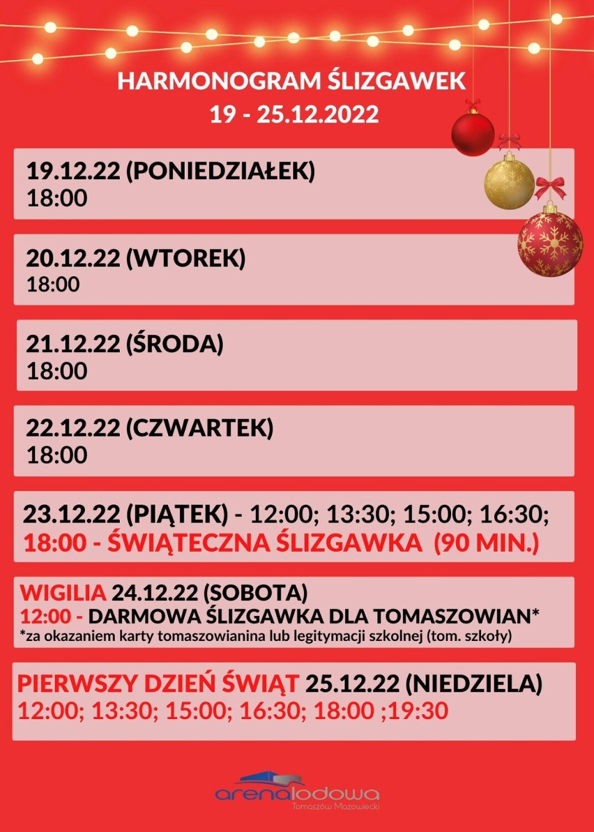 Świąteczne ślizgawki w Arenie Lodowej w Tomaszowie. Sprawdź harmonogram ślizgawek na końcówkę roku!