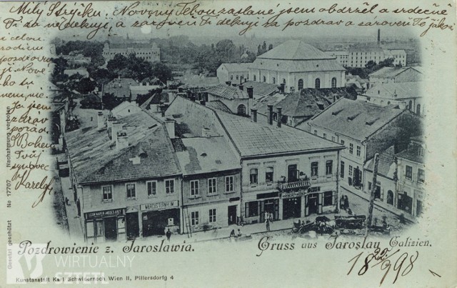 Pocztówka z panoramą Jarosławia - widoczna Synagoga, 1900 r.