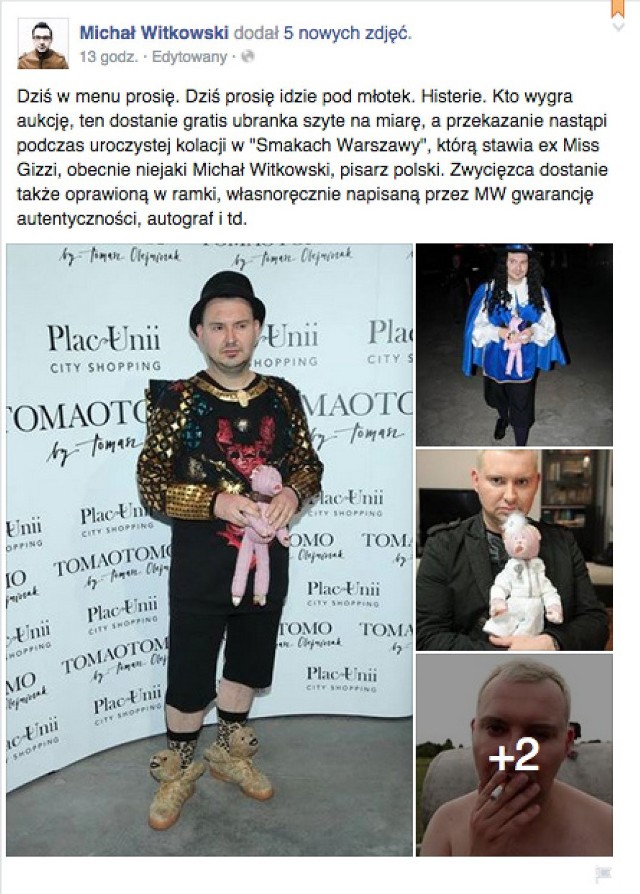 Michał Witkowski wyprzedaje swoje ubrania na swoim profilu na facebooku