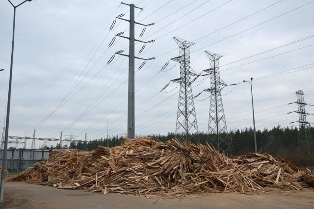 Plac na terenie Elektrowni Stalowa Wola z odpadami drzewnymi czyli biomasy, służącej do wytwarzania energii