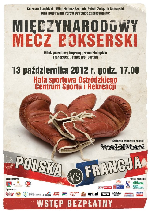 Plakat Promocyjny Międzypaństwowy Mecz Bokserski Polska: Francja w Ostródzie