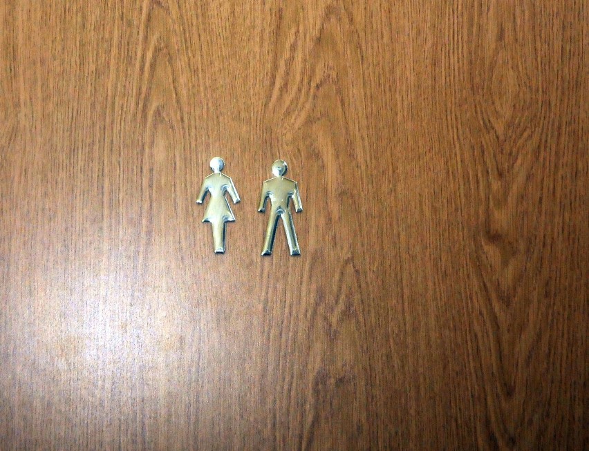 Na drzwiach symbole kobiety i mężczyzny. W środku pisuar, a...