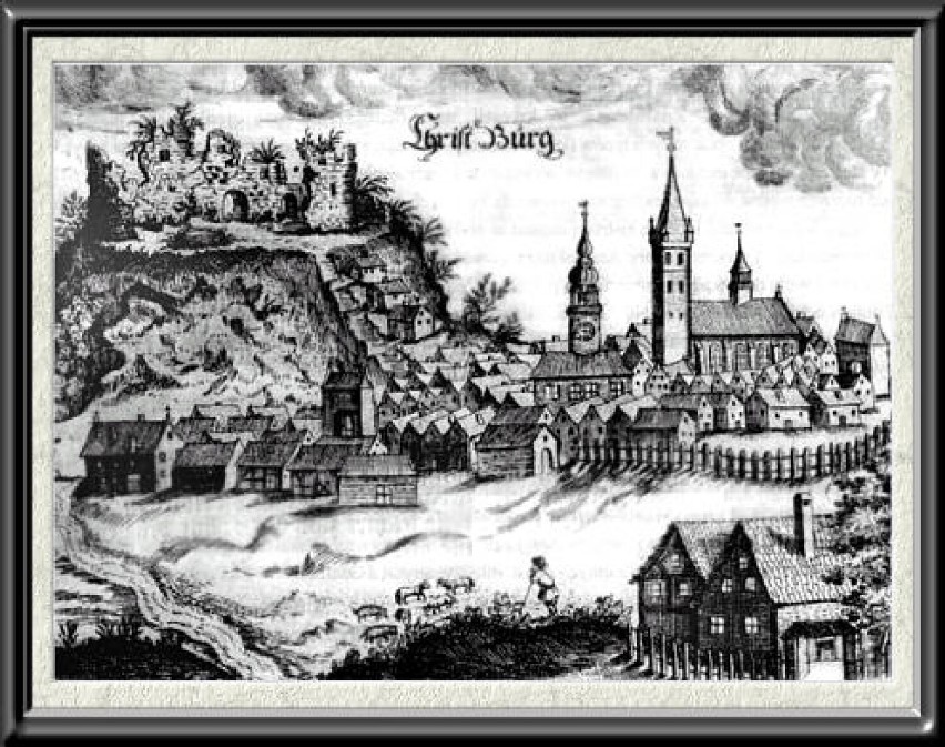 Widok na miasto i ruiny zamku Dzierzgoń w 1684 r. wg...