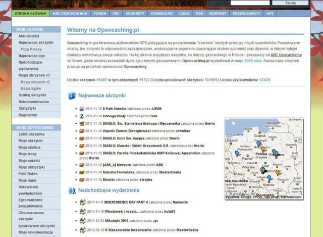 W serwisie opencaching.pl można znaleźć informacje o ukrytych i gotowych do poszukiwania skrzynkach (tzw. keszach)