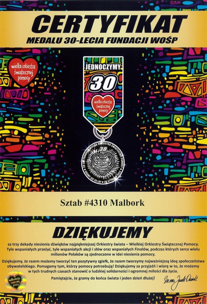 Malbork. Tutejszy sztab też dostał medal na 30-lecie Wielkiej Orkiestry Świątecznej Pomocy