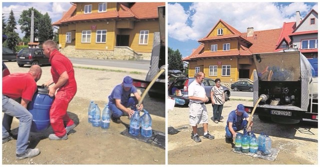 Mieszkańcy Mystkowa podjeżdżali w weekend samochodami do cysterny pod remizą OSP, żeby zaopatrzyć się w wodę do picia. Kazimierz Stanek z Sądeckich Wodociągów w miniony weekend napełniał pojemniki. Dostarczono aż sześć tysięcy litrów wody.