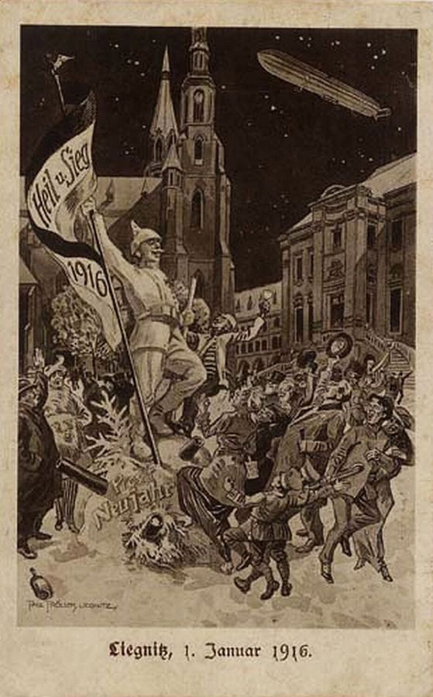 Sylwester w rynku w Legnicy 100 lat temu - Ilustracja...