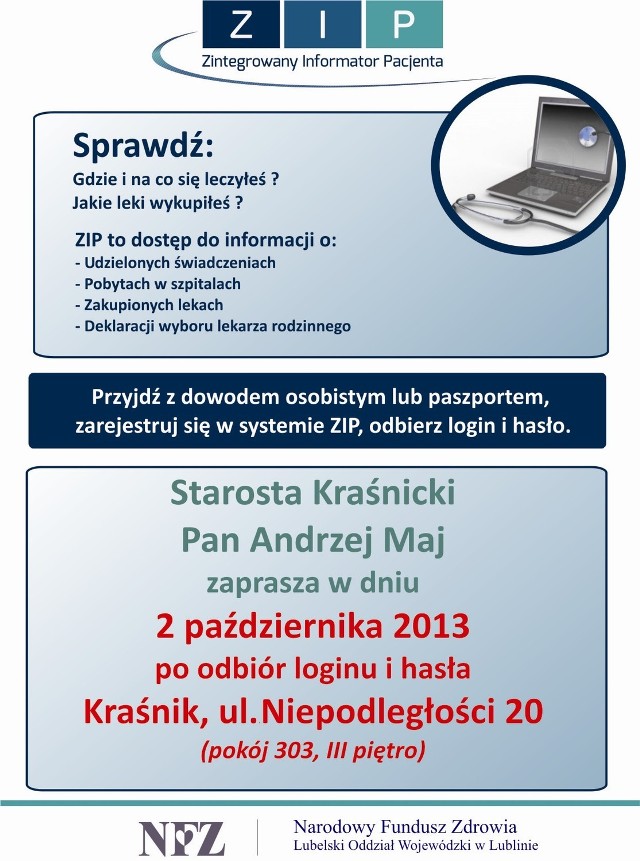 Zintegrowany Informator Pacjenta: 2 października w Kraśniku będzie działał mobilny punkt ZIP.