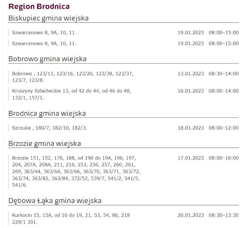 Tu nie będzie prądu w Kujawsko-Pomorskiem [miasta, gminy - 15.01.2023]