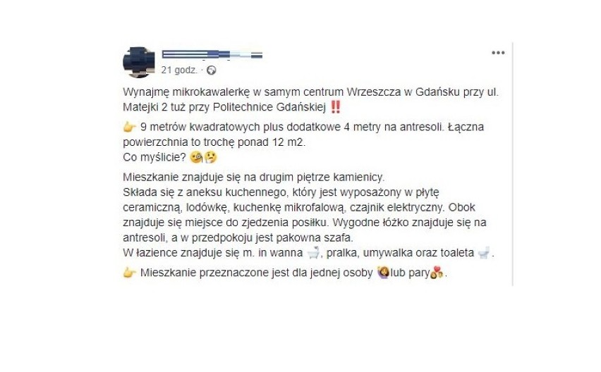 Mikrokawalerka z antresolą w centrum Wrzeszcza za 1500 zł plus opłaty. "Niech ktoś powie że to żart" komentują internauci 