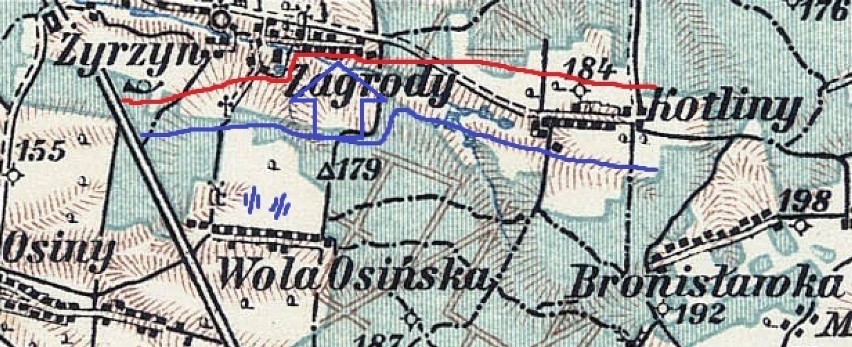 Przebieg rosyjskich i niemieckich pozycji w okolicach Zagród oraz kierunek niemieckiego uderzenia.