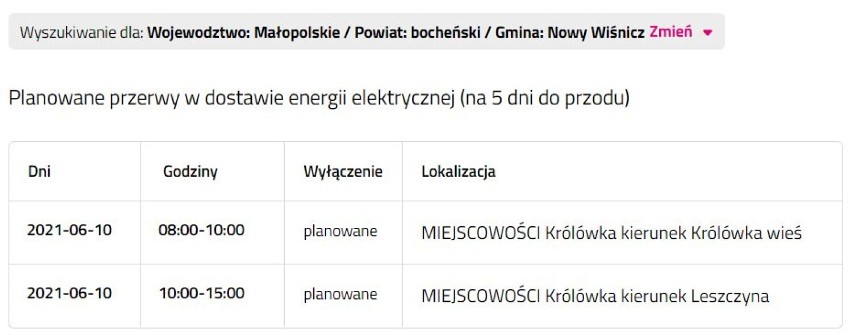 Wyłączenia prądu w powiecie bocheńskim, 7.06.2021