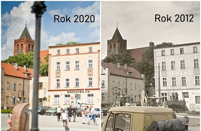 Nowe zdjęcia Nowego nad Wisłą z lipca 2020 po lewej lub u góry, a zdjęcia z Google Street View z 2012 roku po prawej lub na dole. Miasto zmieniło się. Rynek to już zupełnie inne miejsce.