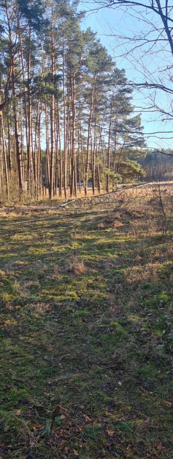 Słup energetyczny w Polu (gm. Gubin) po wichurze. W...