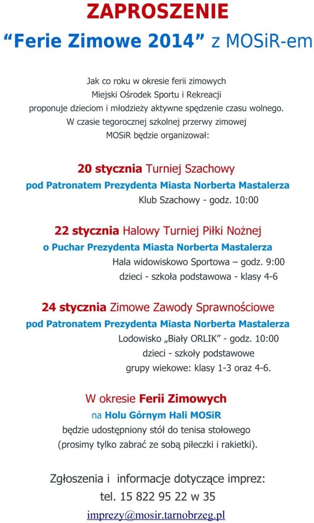 Ferie zimowe 2014 w Tarnobrzegu